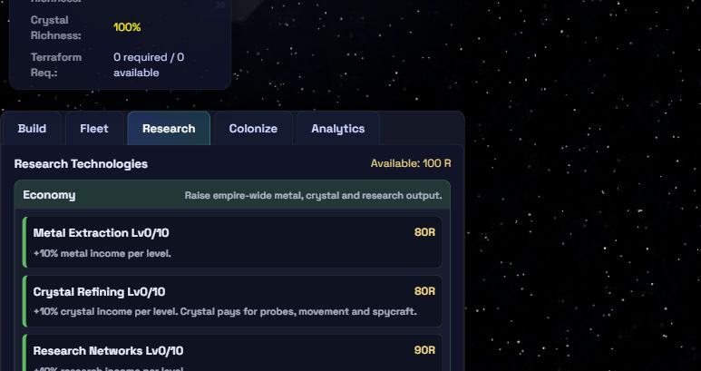 Research console showing empire-wide technologies and available research