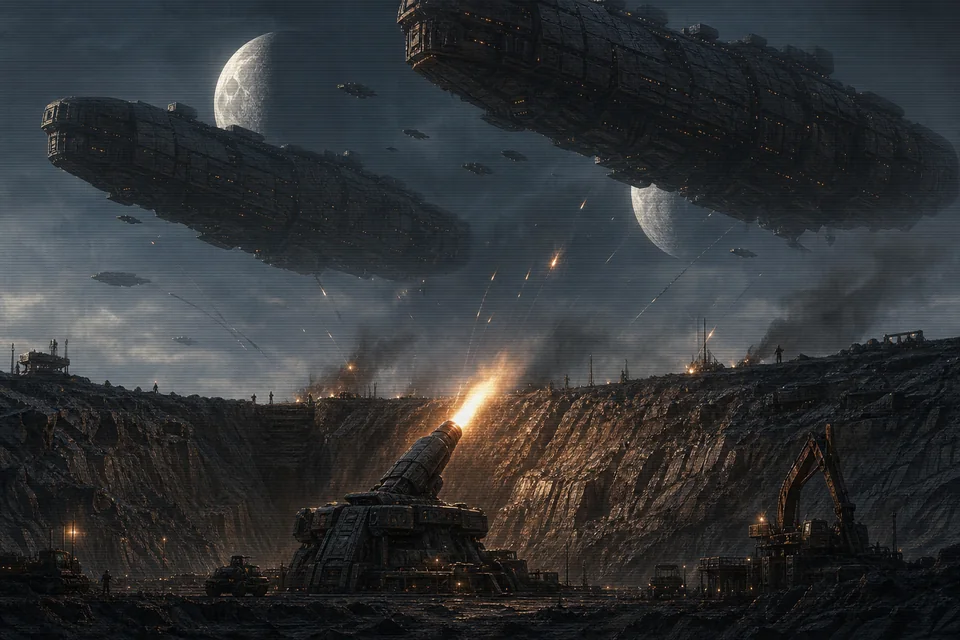 Titan warships fill the sky above a fixed orbital battery
