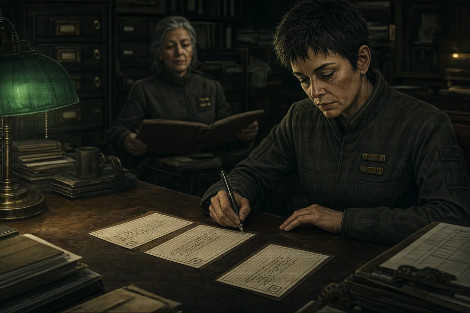 Rell writing the same notation on three restricted archive cards