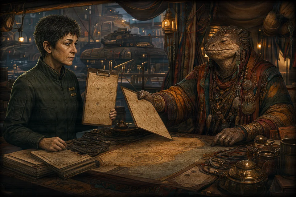 Rell and Keth comparing charts in a warm Nomad trace market